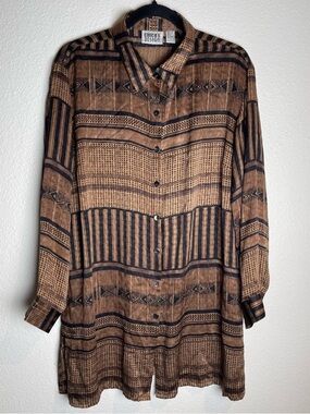 VTG Chico's Silk Tunic Button Up Shirt Longline Sz 2 Boho Artsy Tribal Print Top
